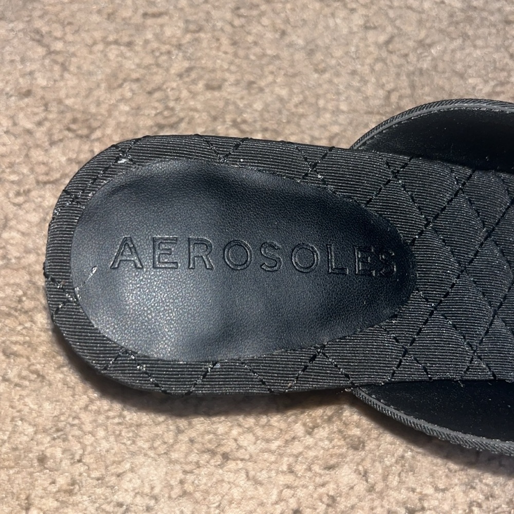 Aerosoles Juju Pointed Toe Mule Bow Gold Metallic Heel Black Fabric 11 - Picture 7 of 9